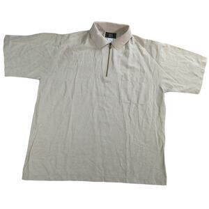 Globetrotter Polo Shirt Beige Zip Front Short Sleeve Pocket Linen Blend Men’s L
